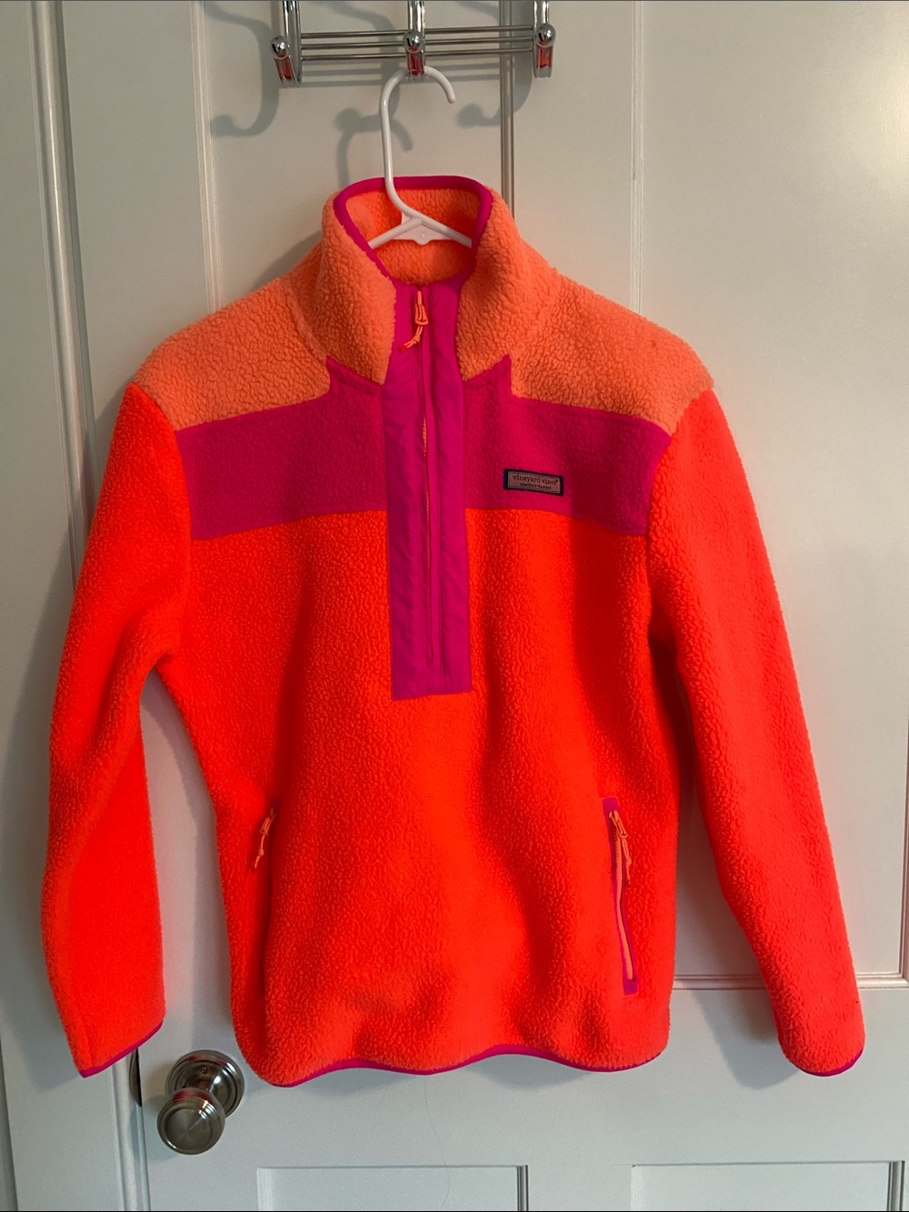 Vineyard Vines Shep Shirt Neon Orange and Pink Fleece Pullover